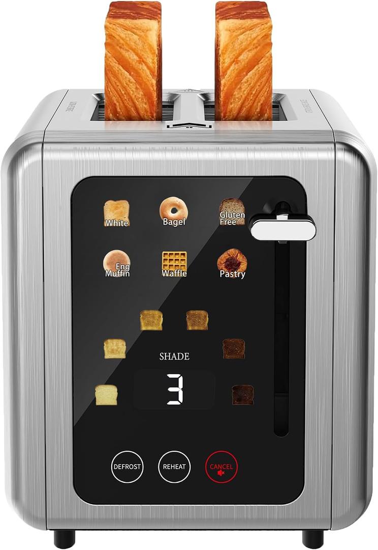 WUNLY Touch screen Toasters 2 slice, Stainless Steel Digital Timer Toaster with Sound Function, 6 Bread Types & 6 Shade Settings, Smart Extra Wide Slots Toaster with Bagel, Defrost Functions, Platinum