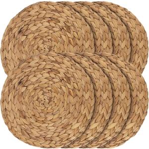 JEUIHAU Set of 8 Water Hyacinth Braided Placemat, 13 Inch Round Placemats Rattan Placemats, Natural Wicker Seagrass Rattan Placemats for Dining Table, Decoration