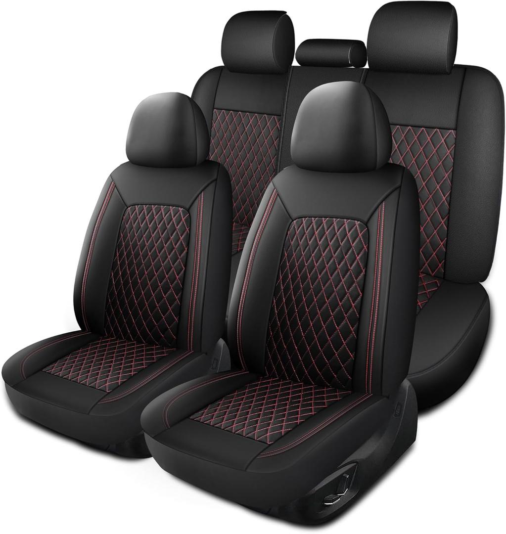 HChengkikz Leather Car Seat Covers, Breathable and Waterproof Seat Cover Full Set, PU Premium Universal Fit Automotive Airbag Compatible for Cars Sedans SUVs Vans and Trucks (Full Set, Black+Redline)