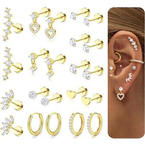 Helix Piercing Jewelry Flat Back Cartilage Earrings for Women - Hypoallergenic Surgical Stainless Steel Gold Stud Hoop Cartilage Helix Earring Set Daith Tragus Conch Flat Back Stud Earrings Single