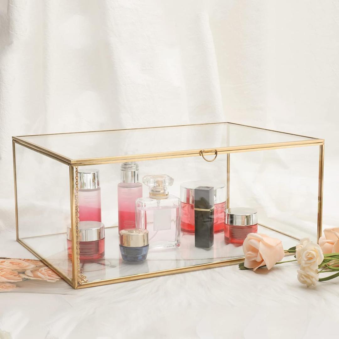 HighFree Vintage Glass Box with Lid - Clear Jewelry Glass Display Box Keepsake Box - Home Decor Decorative Box for Trinket Rings Bracelet (Gold, X-Extra Large)