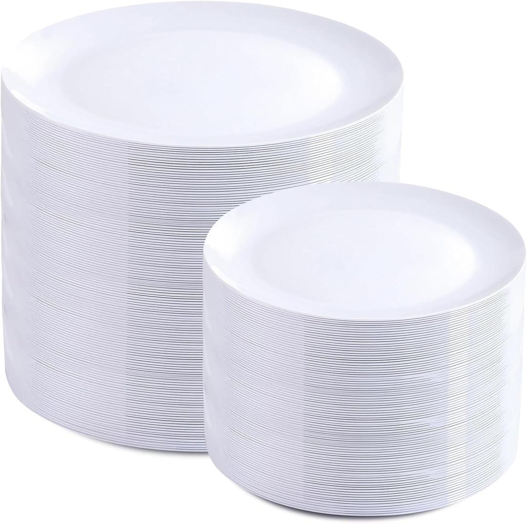 PULOTE 200 Pieces White Plastic Plates Disposable - Include 100PCS 10 inch Dinner & 100PCS 7 inch Dessert Plates, Ideal for Party & Wedding