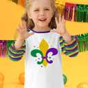 BesserBay Girls Adorable Cute Fleur-de-Lis Print 3/4 Sleeve Raglan Stripe Top White Purple Yellow Fat Tuesday Outfit 6 Years