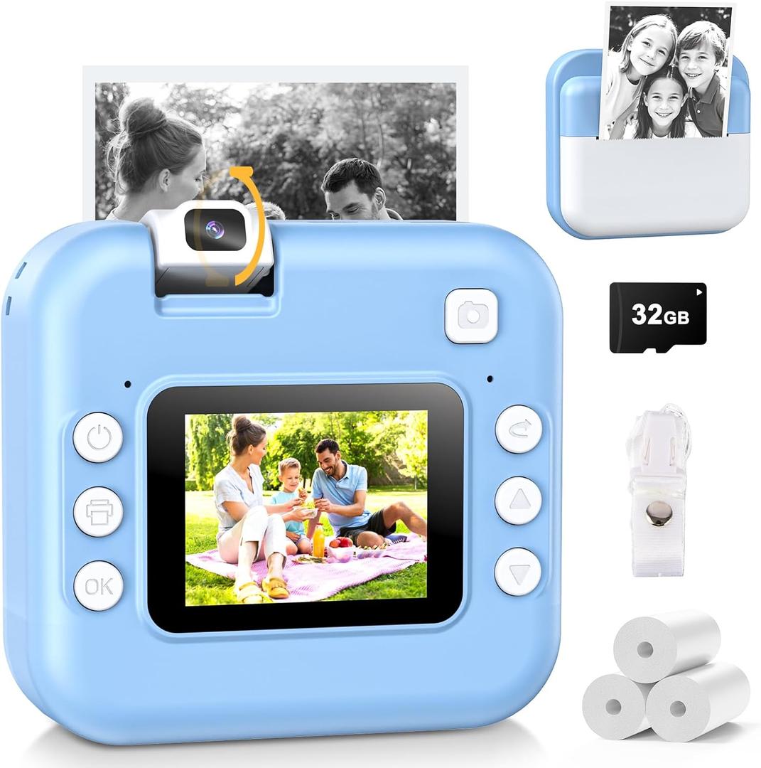 Kids Camera Instant Print - Digital Camera with Flip Lens, Birthday Gift for Boys Girls, Instant Print Photos for Toddlers HD Selfie 1080P Video, Portable Travel Toys for 4 5 6 7 8 9 10 Years Blue