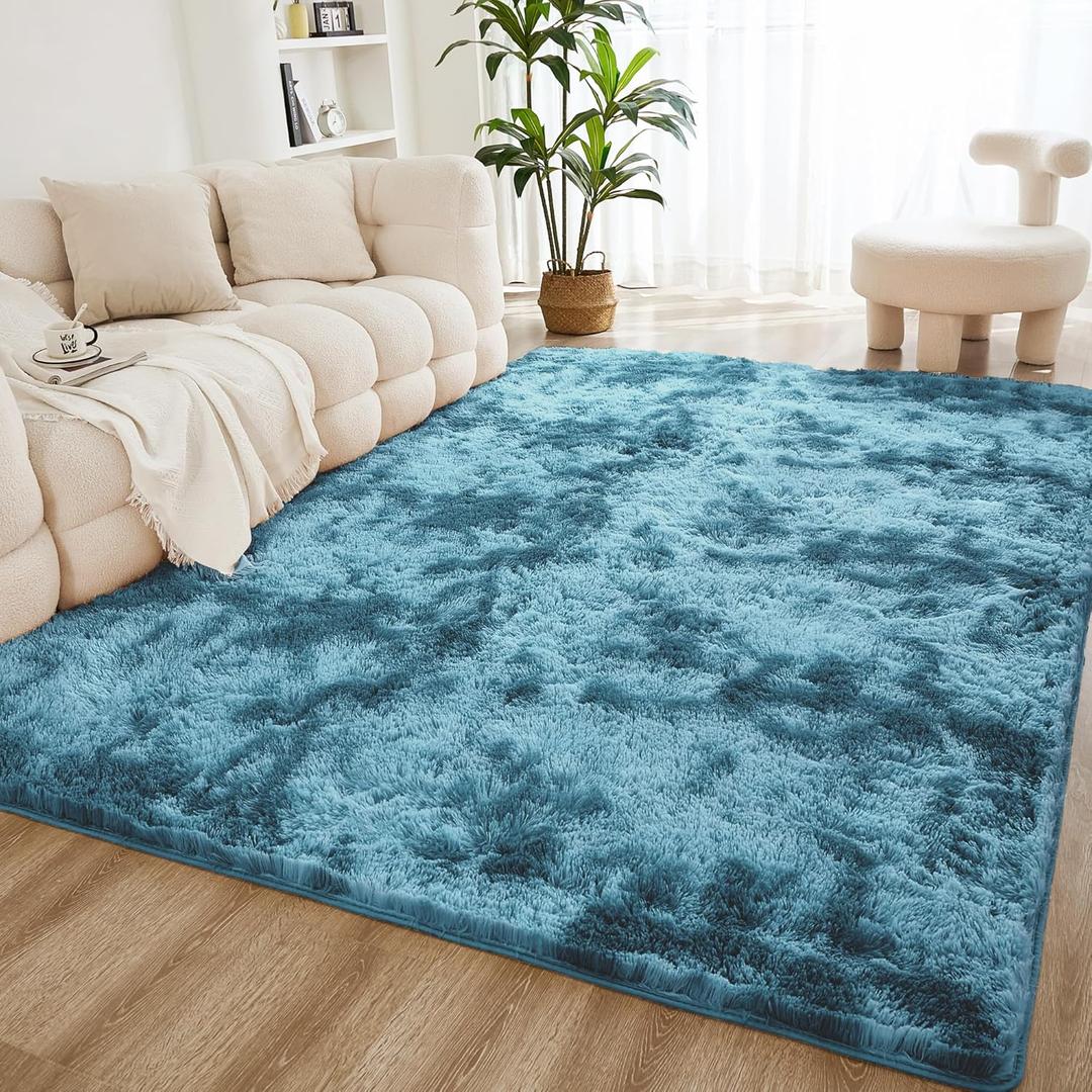 Litanika 4x6 Shag Area Rug for Living Room Bedroom, Tie-Dyed Blue High Pile Soft Plush Shaggy Furry Bedside Playroom Dorm Carpet, Non-Slip, Non-Shedding Modern Indoor Floor Rug