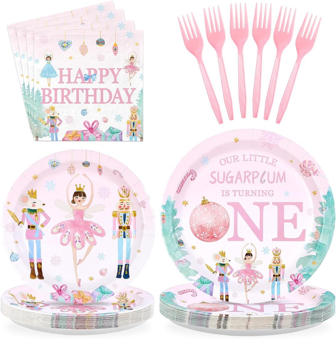 96Pcs Christmas Nutcracker Decorations Nutcracker 1st Birthday Plates and Napkins Tableware Sets Winter Xmas First Birthday Party Decorations for Merry Christmas One Year Old Party Supplies Serves 24