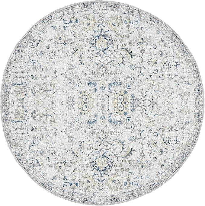 jinchan Round Rug 7ft Area Rug Washable Vintage Indoor Retro Accent Floor Cover Distressed Floral 7' Round Circle Boho Non Slip Thin Carpet for Living Room Dining Room Bedroom Kitchen Blue