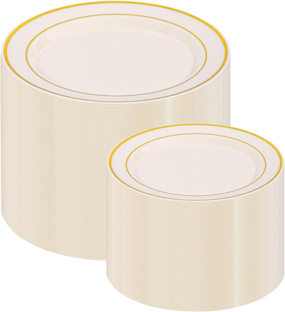 I00000 200 Pcs Gold and Ivory Plastic Plates, Ivory Disposable Party Plates Include 100 Dinner Plate 10 and 100 Plastic Dessert Plate 7 Perfect for Birthday, Party & Wedding