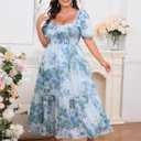 Women's Plus Size Floral Maxi Dress Puff Sleeves Cottagecore Corset Dresses Flowy Smocked Formal Casual Party Wear (Large, Blue)