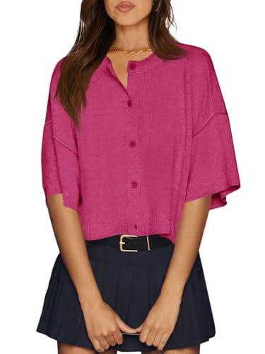 Cicy Bell Womens Half Sleeve Cardigan Sweaters Cropped Button Down Tops Oversized Lightweight Ribbed Knit Summer Outfits Rose Red, Small