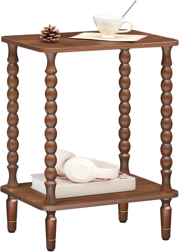 HOOBRO End Table, 2-Tier Small Side Table with Spindle Legs, Walnut Nightstand with Storage Shelves, Sofa Side Table, for Small Space, Living Room, Bedroom, Measuring 15"L x 11"W x 21.7"H
