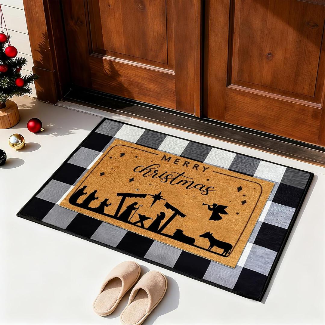 2 Pcs Merry Christmas Doormat, Nativity Scene Door Mat Christmas Non Slip Coir Mats Floor Striped Rug Layering Doormats Seasonal for Xmas Winter Doormats Front Porch Entryway Decor 24 x 32"