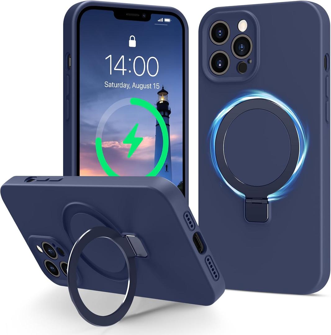 Compatible with iPhone 12 Pro Case Stand, Full Camera Protection Slim Liquid Silicone Phone Cases Fit for iPhone 12 Pro Compatible with MagSafe Magnetic Ring Kickstand Case 6.1", Dark Blue