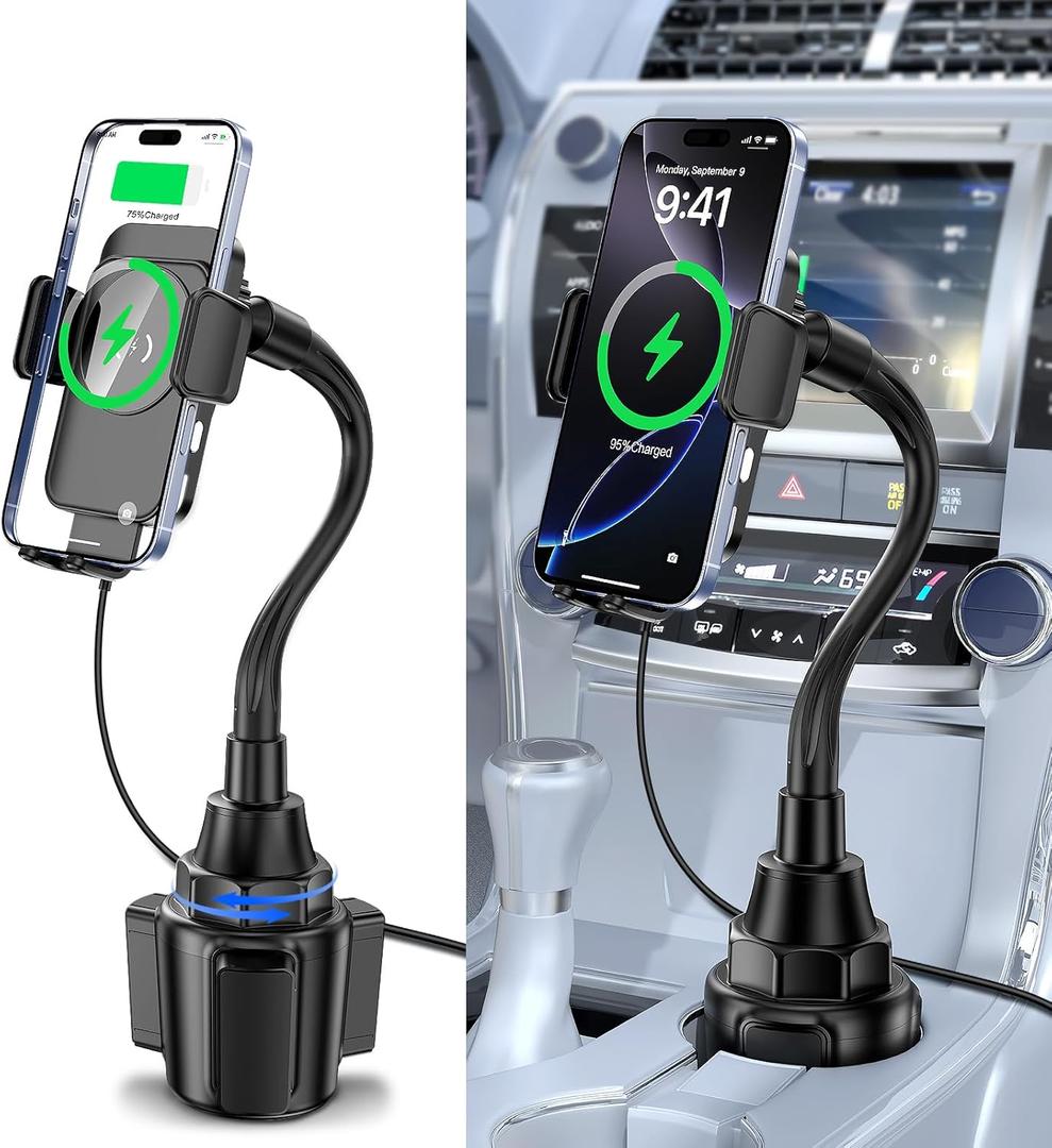 Cup Holder Phone Mount, [Auto Clamping] 2 in 1 Wireless Car Charger Holder Fast Charging, 15W with Quick Extension Long Arm, Fast Swivel Adjustable, 360 Rotatable for iPhone 17/16/15/14/13/12 pro/12