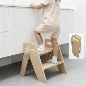 Wooden 2 Step Stool for Kids Bathroom Foldable 2-Step for Toilet Potty Training, Child Stepping Stool for Kitchen Nursery Bedroom
