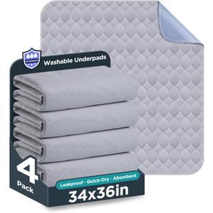 Washable Bed Pads 34" x 36" - 4 Pack, Grey, Waterproof Bed Pads for Incontinence, Bed Wetting Pads for Bed, Sofa, Floor, Resuable Underpads for Adults, Seniors, Pet (Gray)