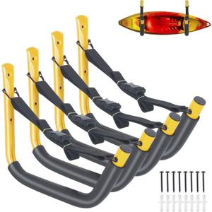 4 Pack Kayak Storage Rack, 15 Inch Kayak Rack for Garage, Kayak Hooks for Garage Wall with Nylon Straps, Kayak Wall Mount Hangers for Kayaks,Surfboards,Canoes,Snowboards,Tools (Multiple Colors) (Yellow)