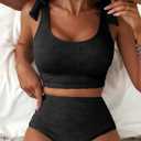 Herseas Women 2 Piece High Waisted Bikini Sets Seashell Textured Tie Strap Swimsuits Bathing Suit Beach Summer Outfits (Black, M)
