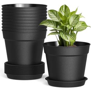 SwinDuck 10 Pack 6 Inch Plant Pots with Drainage and Saucers, Black Plastic Flower Pots for Indoor and Outdoor Plants, Stackable Nursery Planters for Houseplants and Herbs, Black