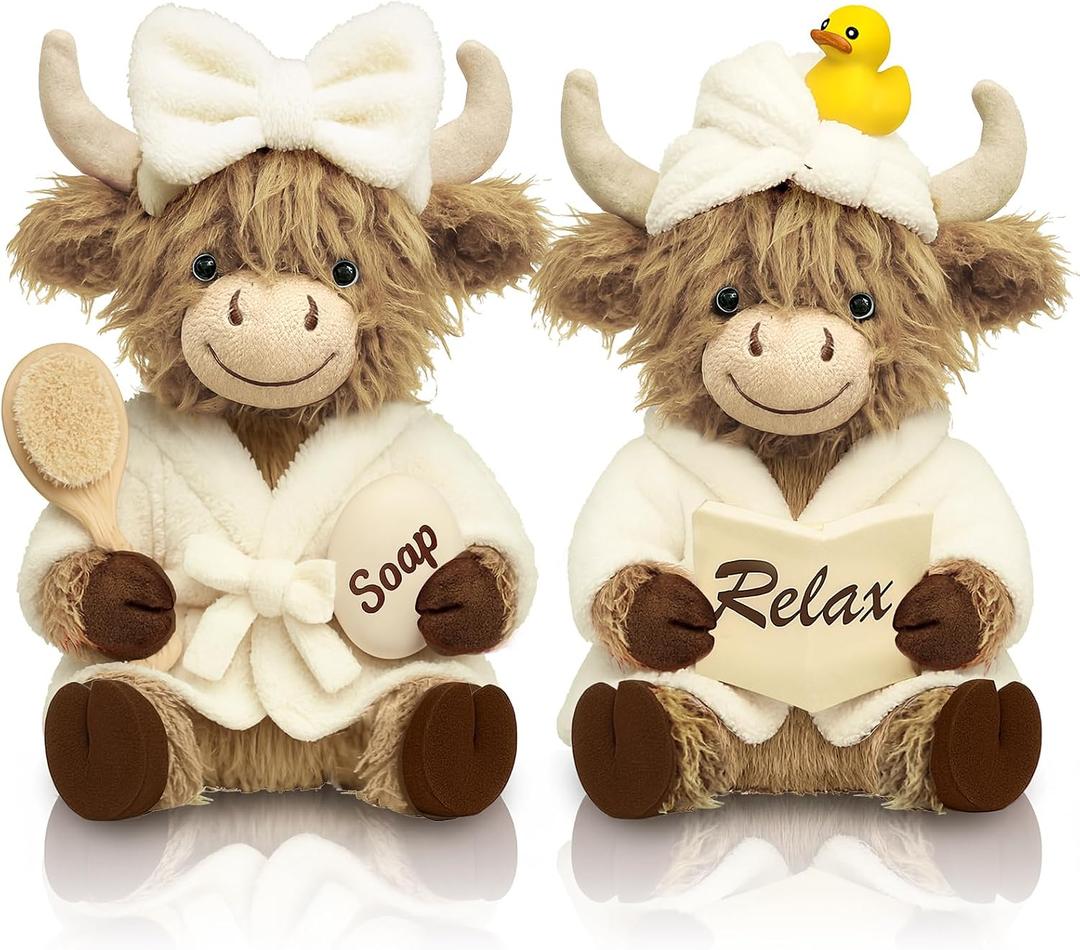 2 Pcs Bathroom Highland Cow Decor Statues - Faux Fur Animal Figurines, Farmhouse Bathroom Shelf Countertop Decor, Scottish Cattle Themed Gifts for Home Spa Housewarming & Birthday