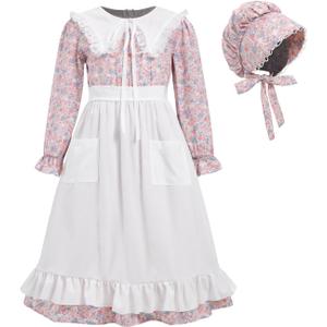 Prairie Dress Girls Pioneer Colonial Costume Floral 1800s Pilgrim Costume with Apron and Bonnet (9-10Y, Pink)