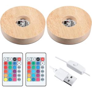 Honoson 3.94 Inch Wooden Light Stand Base Colorful LED Lights Display Base with Remote Control for Selenite Tower 3D Laser Crystal Glass Resin Art (2 Pieces)