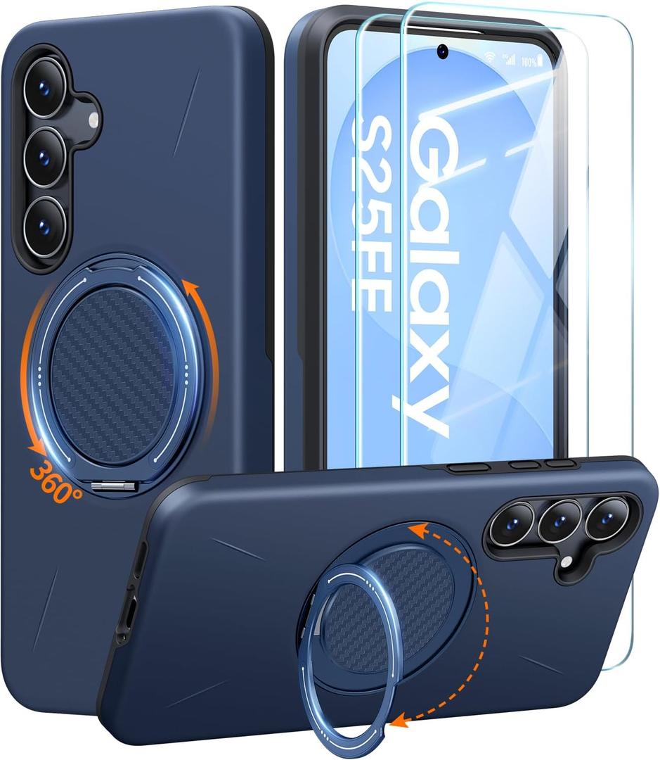 JAME for Samsung Galaxy S25 FE Case, Ring Holder Stand Kickstand, 2 Packs Screen Protector, Dual Layer Shockproof Protective Cover, Magnetic Accessory Friendly Galaxy S25 FE Phone Case, Blue