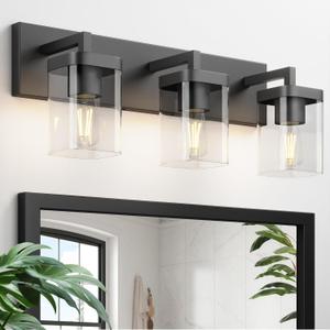 Bathroom Lighting Fixtures Over Mirror, Square Design & Rectangle Large Backplate, 3 Lights Morden Vanity Lighting Fixtures, Bathroom Light Fixtures for Bathroom/Living Room/Bedroom, Black