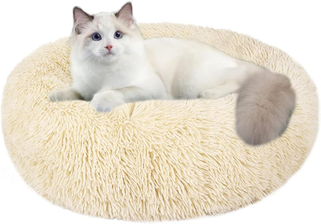 Nisrada Cat Beds for Indoor Cats,20 Inch Dog Bed for Small Melium Large Dogs, Washable-Round Pet Bed for Puppy and Kitten with Slip-Resistant Bottom (20 Inch, Beige)
