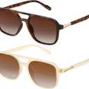 2 x Retro Aviator Sunglasses for Women Men Polarized Vintage Trendy 70s Rectangle Men's Women's Shades Sun Glasses UV400 Protection (LeopardBrown+LotusTea,54mm)