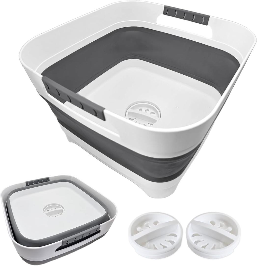 2.4 Gal (9L) Collapsible Dish Basin with 2 Drainage Plugs - Foldable Sink for Kitchen, Camping, RV | Space-Saving Multifunctional Wash Basin for Veggies, Dishes