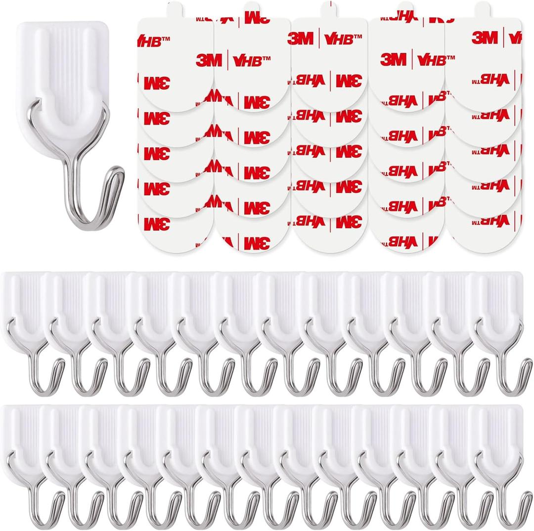 25 Wire Hooks for Hanging Heavy Duty with Strips no Damage,Adhesive Wall Hook Small, removalbe Large Sticky Bulk, for Key, Coat, Towel, Outdoor, hat