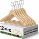 Leinuosen 12 Pack Hotel Suit Hangers, 17.5 Inch Flat Anti-Theft Security Metal Hangers with Closed Loop for Hotels Retail Stores Gyms (Natural Wood)