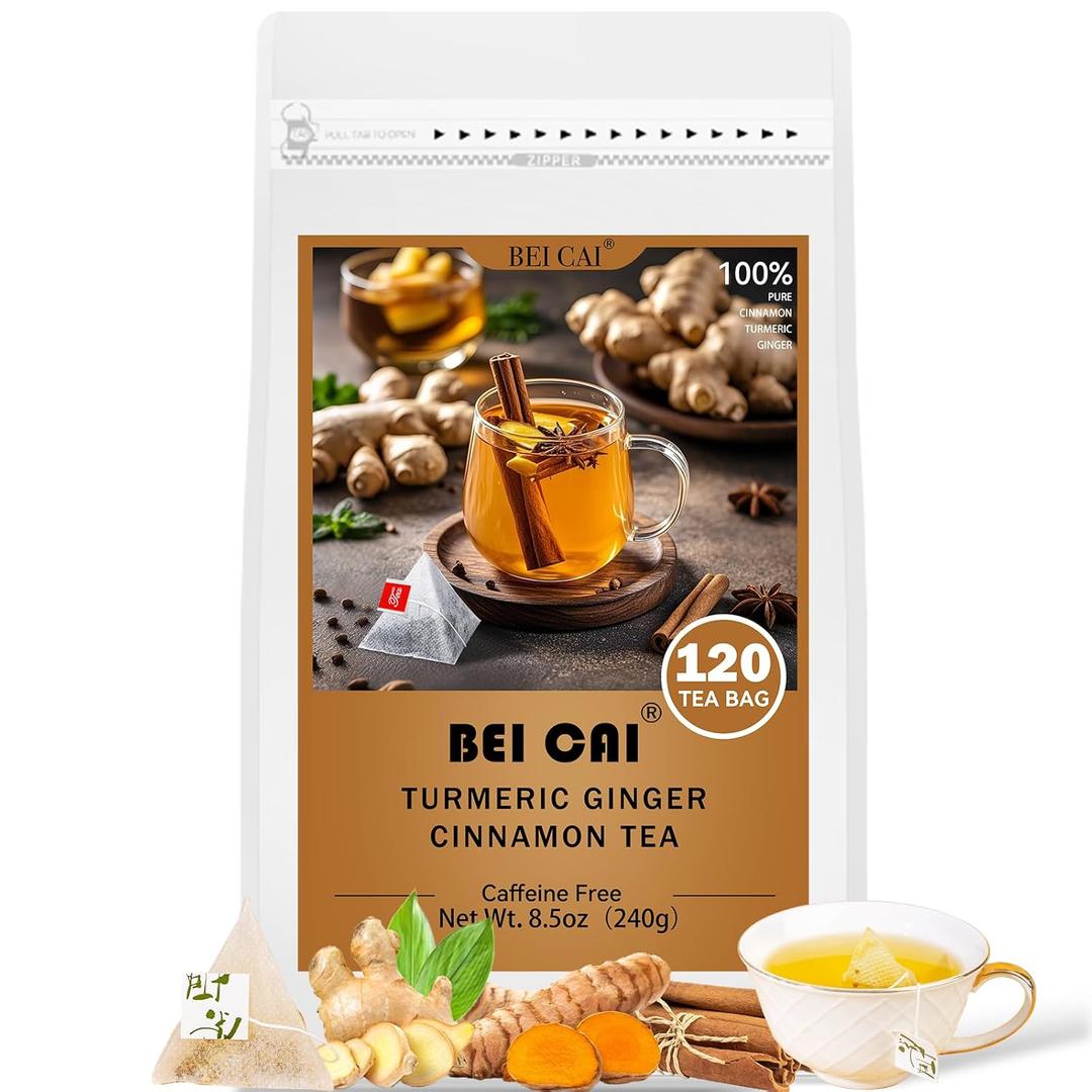 BEICAI 240g/120-Count Premium Turmeric Ginger Cinnamon Tea Bags | 100% Natural, Triangular Corn Fiber for Full-Bodied Brew | Supports Digestive & Immune Health (120)