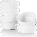 Foraineam Porcelain Bowls with Double Handles 10 Ounce White French Onion Soup Crocks Round Stackable Bowls for Soup, Cereal, Oatmeal, Set of 6