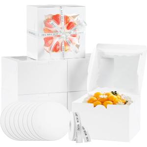 JCD 48pcs Cake Boxes 8x8x5in with Window,White 8 inch Cake Boxes with Boards for Pastries,Cupcakes,Cookies, Pie, Muffins and Donuts(24 Boxes &24 Boards & Stickers & ribbon) (8 * 8 * 5inch/24sets)
