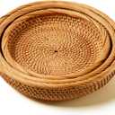 I-lan 3 Pack Round Bread baskets with 2" Wall, 11 Inch Rattan Fruit Basket with Rolled Edge, Decorative Natural Basket Wicker Bowl for Nuts, Candy Catch All Dish, Storage, Coffee Table, Brown, S M L