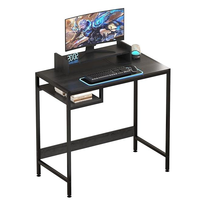 MINOSYS Computer Desk - 32 Inch Home Office Desk with Storage, Gaming Desk with Monitor Stand, Modern Simple Study Table, Adjustable Storage Space, Black