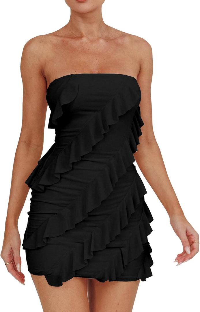 HOCILLE Women's Sexy Strapless Tube Top Bodycon Sleeveless Ruffle Mini Party Dress (Medium, Black)