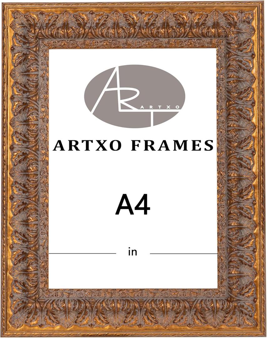 ArtXO A4 Picture Frame Wooden, Display Pictures 6"x8" with Mat or A4 Without Mat,Gold Ornate Frame Poster Frames,Hanging Photo Frame Wall