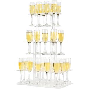 Champagne Tower, Rectangle Acrylic Champagne Display Rack Stand with 32 Slots, 3 Tier Floating Sight Champagne Flute Holder for Party, Wedding, School, Celebration, 17.3x11.8x25.5inch