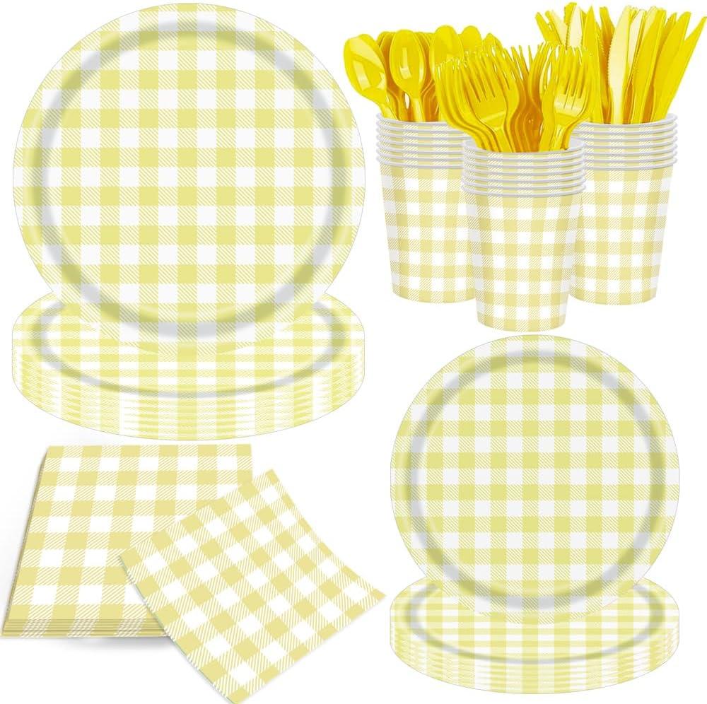 140Pcs Gingham Party Supplies for 20 Guests Thick Paper Plates and Napkins Knives Spoons Forks Cups Disposable Party Set Cutlery for Dinner Baby Shower Wedding Favor(Yellow)