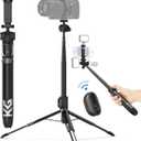 KraftGeek Vlogging Tripod for Phone and Camera, 60" Tripod Stand for iPhone and Android with 3 Cold Shoes for Light and Microphone (Both are not Included), Selfie Stick with Remote for Video Recording (Black)