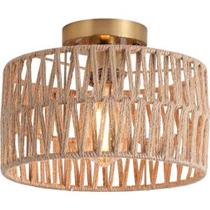 Hchunqjor Coastal Antique Gold Woven Flush Mount Light Fixture Rustic Boho Hemp Rope Brass Semi Flush Mount Ceiling Light for Hallway Bedroom Farmhouse Kitchen Entryway Hall