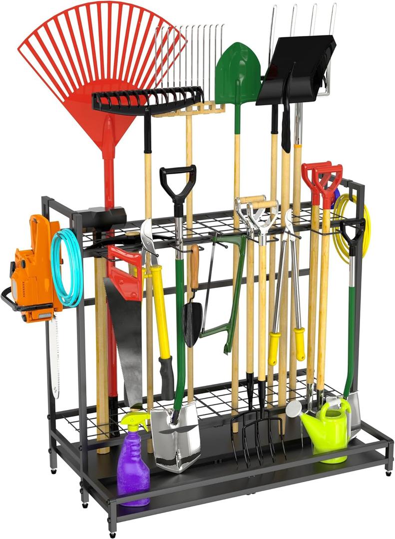 VGMiu Garden Tool Organizer for Garage, Yard Tool Rack, Holds Up to 64 Long-Handled Tools, Black Metal Garden Tools Rack Storage with Hooks for Yard Shed Garage Organization