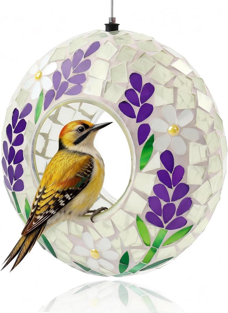 SAVENNA Mosaic Glass Hanging Bird Feeder, 6.3 Inch Handcrafted Outdoor Feeder with Steel Wire Rope, Decorative Garden & Patio Feeder for Wild Birds, Lavender Floral Mosaic Design
