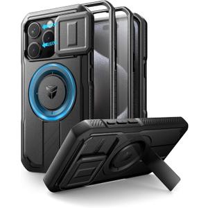 Dexnor for iPhone 15 Pro Case with Slide Camera Cover & Adjustable Kickstand & Built-in Screen Protector, Magnetic Rugged Shockproof Bumper Cases Heavy-Duty Magnetic Protective Cover,Black