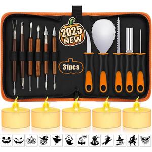 Pumpkin Carving Kit with Stencils: 31 PCS Halloween Pumpkin Carving Tools - Professional Pumpkin Carving Set - Heavy Duty Stainless Steel Jack-O-Lanterns Pumpkin Carving Knife for Kids Adults (Medium)