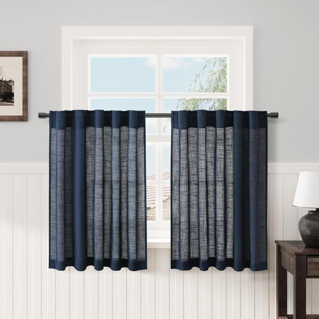 Navy Small Linen Textured Curtains 30 inches Length Light Filtering Semi Sheer Short Curtains Back Tab Pocket Boho Kitchen Tier Window Curtain for Bedroom 26x30