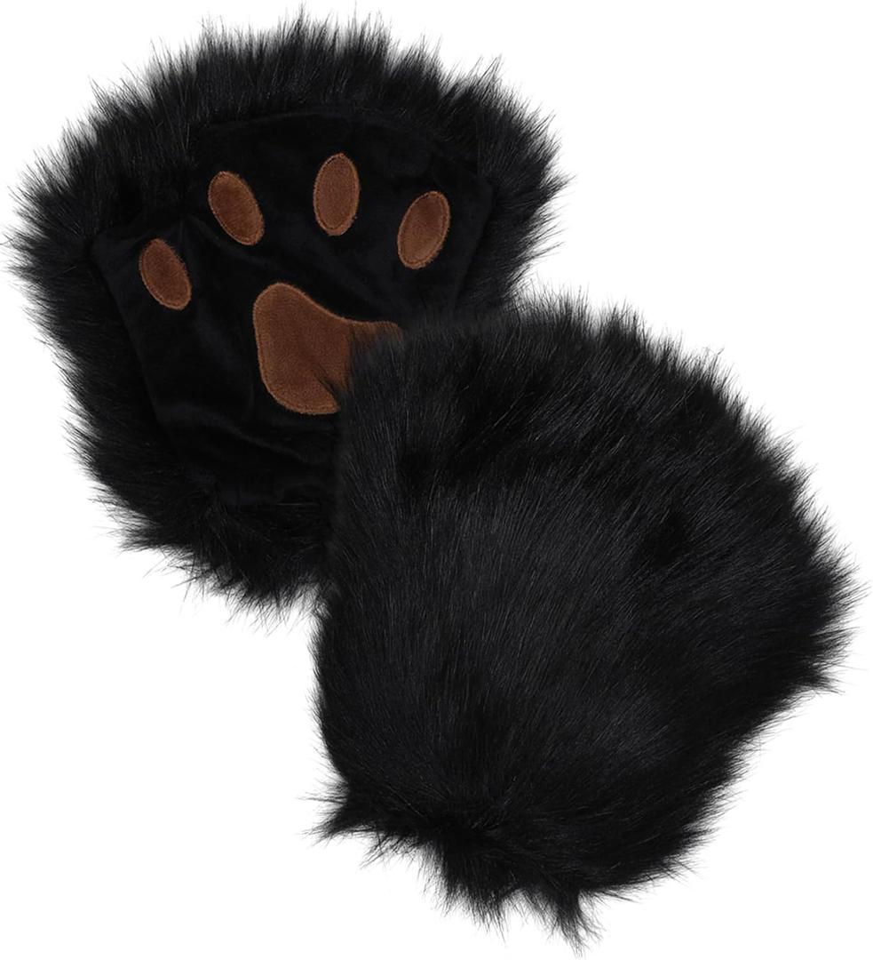 Bear Paws Gloves Furry Wolf Gloves Winter Faux Fur Fingerless Gloves Halloween Animal Cosplay Costume Adults Teens (One Size, Black)